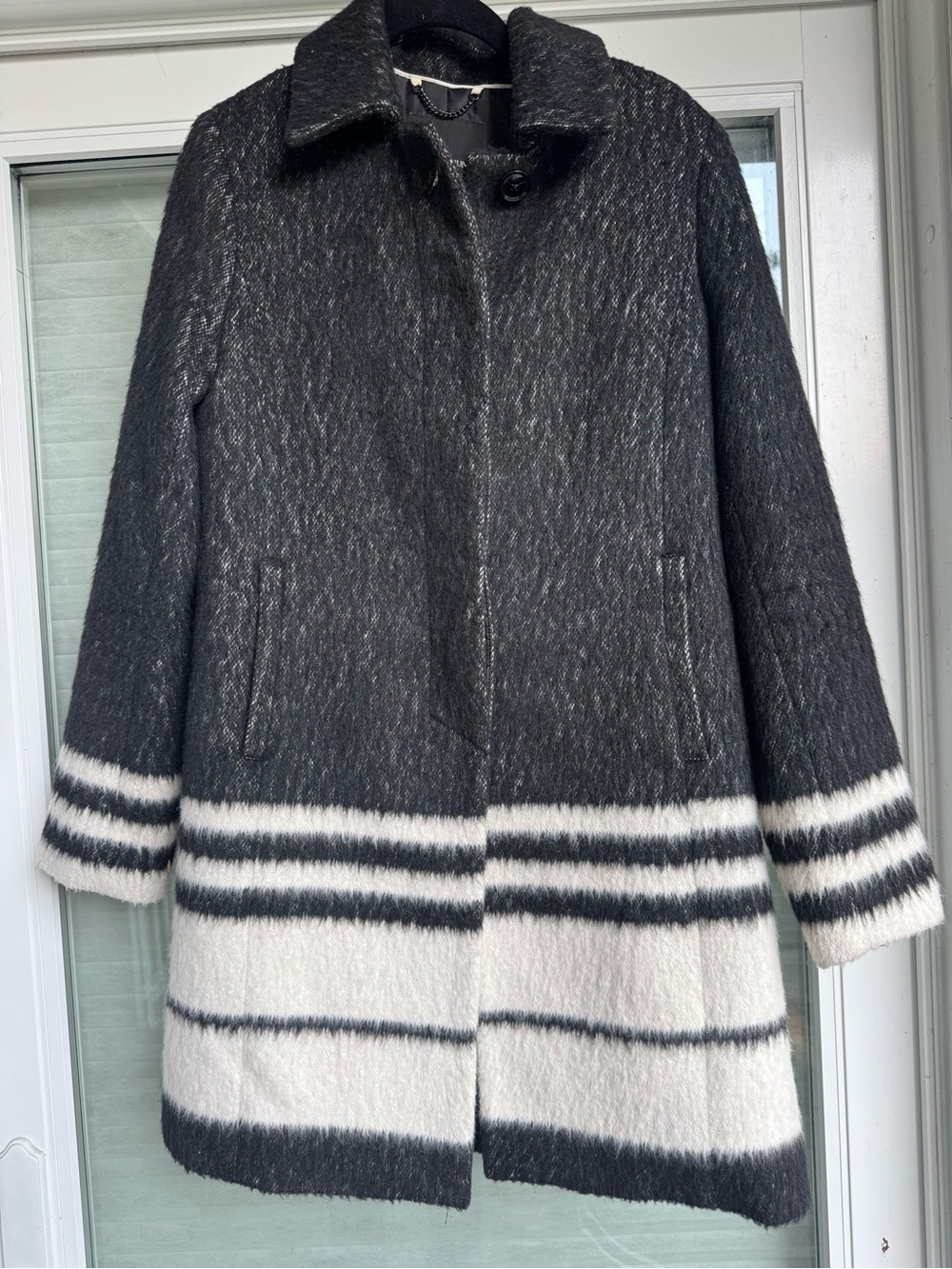 Banana Republic Wool Blend Striped Tailored Coat Jacket Charcoal Grey White